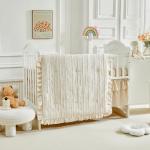 3 Pieces Tufted Stripes Crib Bedding Set with Ruffle Fringe, Beige Ruffled Comforter with Fitted Sheet and Bed Skirt, Soft and Embroidery Shabby Chic Boho Bohemian Jacquard Design for Baby Girls Boys