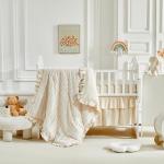 3 Pieces Tufted Stripes Crib Bedding Set with Ruffle Fringe, Beige Ruffled Comforter with Fitted Sheet and Bed Skirt, Soft and Embroidery Shabby Chic Boho Bohemian Jacquard Design for Baby Girls Boys