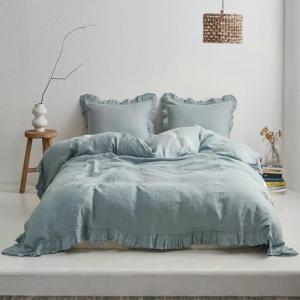 Simple&Opulence 100% Linen Duvet Cover Set, 3 PCS Natural French Flax Dusty Blue Ruffle Duvet Cover King Size, Breathable Comfy Linen Bedding Comforter Cover with 2 Pillowcases(Dusty Blue, 104" X 92")