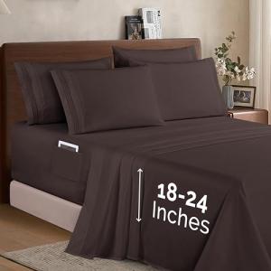 Elegant Comfort 1500 Premium Quality 6-Piece Bed Sheet Set - 18-24 Inch Extra Deep Pocket, Smart Storage Pockets, Wrinkle Free Ultra Soft 6PC Extra Deep Pocket Sheets, California King, Chocolate Brown