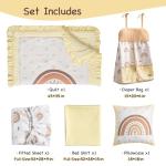 ROBUD 5-Piece Crib Bedding Set for Boy Girls, Nursery Bedding Standard Size with Boho Quilt, Crib Sheet, Crib Skirt, Pillowcase and Diaper Bag (Beige Rainbow)