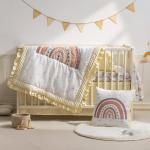 ROBUD 5-Piece Crib Bedding Set for Boy Girls, Nursery Bedding Standard Size with Boho Quilt, Crib Sheet, Crib Skirt, Pillowcase and Diaper Bag (Beige Rainbow)