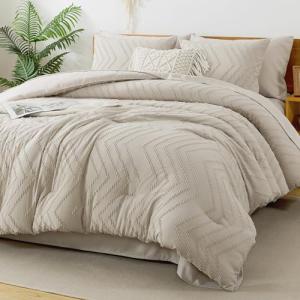Litanika California King Size Comforter Set with Sheets Beige - 7 Pieces Bed in a Bag Cal King Chevron Tufted Complete Bedding Sets with Comforter, Sheets, Pillowcases & Shams