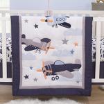 NoJo Little Love Soar High Little One Navy, Light Blue, Orange, and White Airplanes, Clouds, and Stars 3 Piece Nursery Crib Bedding Set - Comforter, Fitted Crib Sheet and Crib Skirt