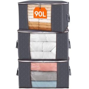 Lifewit 90L Large Storage Bags, Closet Organizers and Storage, Clothes Storage Bins with Lids, Foldable Storage Containers with Reinforced Handles for Clothing, Blanket, Bedding, Comforter 3 Pack Gray