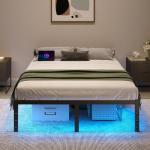 HAVONIZD Full Size Bed Frame with LED Lights & Charging Station - 14 Inch Heavy Duty Metal Platform Bed Frame No Box Spring Needed, Easy Assembly, No Noise