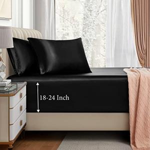VACVELT 3pcs Extra Deep Pocket Satin Fitted Sheet Set Queen Bed Set, Black Bottom Sheet Fit 18-24 Inch Deep Pocket Mattress, Silky Bedding Set Soft & Ultra Deep Fitted Sheet & 2 Pillowcase