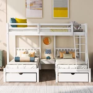 Merax Full Over Twin & Twin Bunk Bed for 3, Wooden Triple Bunk Bed with 2 Storage Drawers, Ladder and Guardrails, No Box Spring Needed, White