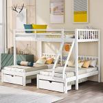 Merax Full Over Twin & Twin Bunk Bed for 3, Wooden Triple Bunk Bed with 2 Storage Drawers, Ladder and Guardrails, No Box Spring Needed, White