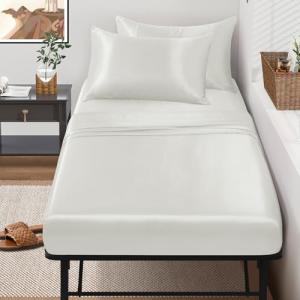 SiinvdaBZX 4-Piece Cot Sheet Set 31" x 75", Ivory White Satin Cot Size Sheets Silky Soft Rv Bunk Bed Sheets for Narrow Twin/Camp Bunk/Guest Beds/Army Cots/Trifold Mattress