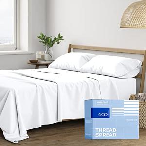 THREAD SPREAD King Size Cotton Sheets Set - 400 Thread Count 100% Cotton Sheets for King Bed (4 PC, White), 16 in Deep Pocket Silky Soft Bed Sheet Set for Hot Sleepers, Luxury Hotel Cooling Sheet