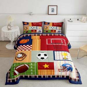 Boys Football Comforter Set Cartoon Ball Sports Themed Bedding Set for Kids Teens Child Room Decor Colorful Geometric Grid Stripes Quilted Duvet Cute Baseball Rugby Duvet Insert Twin Size