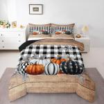 Fall Pumpkins Comforter Set King Rustic Farmhouse Thanksgiving Theme Bedding Set Black White Buffalo Plaid Bedding Comforter Sets Happy Autumn Fall Quilt Duvet Wooden Board Home Room Decor 3 Pcs