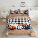 Fall Pumpkins Comforter Set King Rustic Farmhouse Thanksgiving Theme Bedding Set Black White Buffalo Plaid Bedding Comforter Sets Happy Autumn Fall Quilt Duvet Wooden Board Home Room Decor 3 Pcs