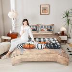 Fall Pumpkins Comforter Set King Rustic Farmhouse Thanksgiving Theme Bedding Set Black White Buffalo Plaid Bedding Comforter Sets Happy Autumn Fall Quilt Duvet Wooden Board Home Room Decor 3 Pcs