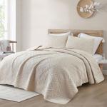 Exclusivo Mezcla King Quilt Bedding Set, Lightweight Soft Bedspreads Coverlets with 2 Pillow Shams, Modern Brich Beige Oversized Quilts King Size for All Seasons