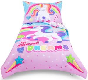 Todays Kids Unicorn Toddler Bedding Set for Girls - 4-Piece Toddler Bed Comforter Sets for Girls, Reversible Comforter & Pillowcase, Flat Sheet, Fitted Sheet, Breathable & Super Soft Microfiber