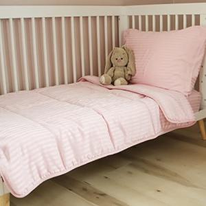 ZPECC Toddler Bedding Set - 4 Piece Hypoallergenic Baby Crib Bedding Set for Boys and Girls, Includes Toddler Comforter, Flat Sheet, Fitted Sheet and Pillowcase, Pink Stripe