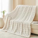 NEWCOSPLAY Throw Blanket for Couch Ivory Super Soft Flannel Fleece 3D Bubble Lightweight Bed Blanket All Season Use (Ivory, Throw(50"x60"))