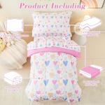 Mooreeke 4 Pieces Toddler Bedding Set - Soft Love Heart Toddler Comforter Sets for Girls, Includes Quilted Comforter, Flat Sheet, Fitted Sheet and Pillowcase, Bed in A Bag for Baby Bedroom