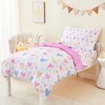 Mooreeke 4 Pieces Toddler Bedding Set - Soft Love Heart Toddler Comforter Sets for Girls, Includes Quilted Comforter, Flat Sheet, Fitted Sheet and Pillowcase, Bed in A Bag for Baby Bedroom