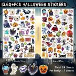 LINAYE 24 Sheet Halloween Stickers - 1260 Pcs Adhesive Stickers for Kids, Bulk for Halloween Treat Bags, Party Favors