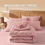 Laojin Balhen Queen Comforter Set 7 Pieces, Pink Seersucker Bed in a Bag Set Queen Size, All Season Luxury Bedding Sets with Comforter, Sheets, Pillowcase & Sham