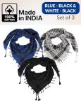 LOVARZI Set of 3 Royal Blue Black and White Cotton scarf Tactical Desert Accessory - Shamagegh Scarf Men - Egyptian Scarf Kuffiyah - Blue Shemagh - Black Shemagh Keffiyah