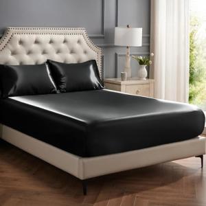 Bedsure Satin Fitted Sheet Only Queen Size - Black Silk Bed Sheet, Luxury & Ultra Soft, Non-Fading & Wrinkle Free, Good for Skin (Black, 60x80+15 Inches, 1 Piece, No Pillowcases)