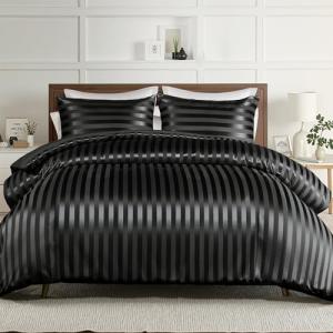 Whale Flotilla 3-Piece Reversible Silky Soft Queen Comforter Set, Luxury Stripe Satin Comforters Full Size Bedding Set with 2 Satin Pillowcases, Lightweight Duvet for All Seasons, Black