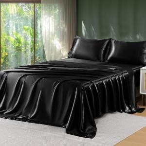 Sasttie Satin Sheets Queen Size - 4 Pieces Luxury Soft Black Silky Bed Sheets Set with Pillowcases - Smooth Silk-Like Satin Fabric, Reinforced 14 Inches Pocket, Oeko-Tex Certified