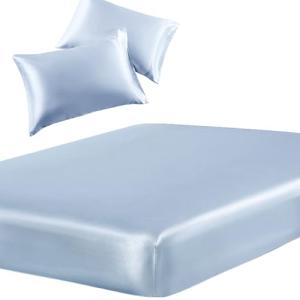 SiinvdaBZX 3-Piece Set Satin Twin Fitted Sheet & 2 Pillowcase, Baby Blue Silky Soft Fitted Bottom Sheet, Wrinkle Free, Fade Resistant, Deep Pocket Bed Sheet (Deep Up to 15")