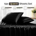 Sasttie Satin Sheets Queen Size - 4 Pieces Luxury Soft Black Silky Bed Sheets Set with Pillowcases - Smooth Silk-Like Satin Fabric, Reinforced 14 Inches Pocket, Oeko-Tex Certified