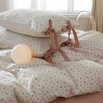 mixinni Soft Aesthetic Floral Print White Duvet Cover Pink Rose Pattern Girls Striped Bedding 1 Duvet Cover 2 Bow Tie Pillowcases Twin Size 100% Cotton with Zipper Ties for Teenage Girls
