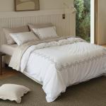 Double Stitch Supima Cotton Duvet Cover Set - 100% American Grown Cotton Embroidery Duvet Cover Queen, Luxury 600 Thread Count Sateen Weave, Hotel Quality Bedding Set, Sandstone, 90" x 90"