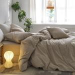 MooMee Striped Duvet Cover Set 100% Washed Cotton Linen Like Textured Breathable Durable Soft Comfy (Tannish Linen Grey White Wide Stripes, King 104"x90")
