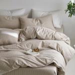 MooMee Striped Duvet Cover Set 100% Washed Cotton Linen Like Textured Breathable Durable Soft Comfy (Tannish Linen Grey White Wide Stripes, King 104"x90")