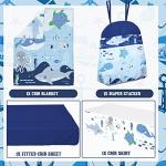 Rtteri 4 Pieces Baby Crib Bedding Set, Nursery Bedding Standard Size Soft Baby Bedding Set Including Crib Skirt, Blanket, Sheet and Diaper Stacker for Girls and Boys(Whale)