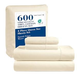 LANE LINEN Bed Sheets Queen Size – Premium 600 Thread Count Long-Staple 100% Cotton Sheets Queen Size Set, Hotel Luxury Soft & Cool Sateen Finish, Fully Elasticized 15" Deep Pocket – Ivory