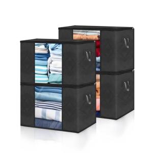 SpralSail Clothes Storage Bags, Closet Organizers and Storage Containers for Clothes, Bedding & Blankets, Foldable Bedroom Organization Solution with Window, Handles & Zippers - 4 Pack, Black