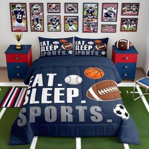 Feelyou Football Comforter Set Queen Size Kids Basketball Baseball Soccer Comforter for Boys Girls Sports Theme Bedding Set Breathable Soft Navy Blue Duvet Quilted Ball Game Room Decor