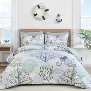WONGS BEDDING Comforter Set King,Coastal Beach Theme Bedding Set, 7 Pieces Ocean Nautical Seaweed & Starfish Summer Bed in a Bag (104"×90")