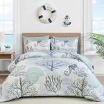 WONGS BEDDING Comforter Set King，Coastal Beach Theme Bedding Set, 7 Pieces Ocean Nautical Seaweed & Starfish Summer Bed in a Bag (104"×90")