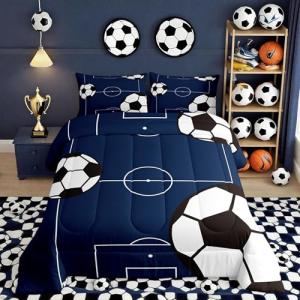 jejeloiu Football Comforter Set Queen Size Kids Soccer Ball Pattern Comforter for Boys Girls Teens Sports Theme Bedding Set Breathable Football Court Duvet Set Room Decor Quilt Set