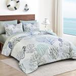 WONGS BEDDING Comforter Set King，Coastal Beach Theme Bedding Set, 7 Pieces Ocean Nautical Seaweed & Starfish Summer Bed in a Bag (104"×90")