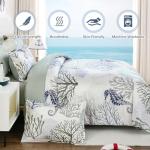 WONGS BEDDING Comforter Set King，Coastal Beach Theme Bedding Set, 7 Pieces Ocean Nautical Seaweed & Starfish Summer Bed in a Bag (104"×90")