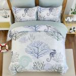 WONGS BEDDING Comforter Set King，Coastal Beach Theme Bedding Set, 7 Pieces Ocean Nautical Seaweed & Starfish Summer Bed in a Bag (104"×90")