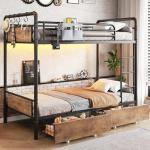 Jocoevol Metal LED Bunk Bed Twin Over Twin with 2 Storage Drawers, USB Charging Station, Industrial Bunkbeds Heavy Duty Bed with Safety Guardrail and Ladder, No Box Spring Needed, Vintage Brown