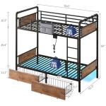 Jocoevol Metal LED Bunk Bed Twin Over Twin with 2 Storage Drawers, USB Charging Station, Industrial Bunkbeds Heavy Duty Bed with Safety Guardrail and Ladder, No Box Spring Needed, Vintage Brown