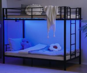 VINGLI Metal Bunk Bed Frame Twin Over Twin with LED Lights, Non-Slip Ladder, Full Length Guardrail, Charging Station, for Kids, Teens & Adults, Space-Saving, No Box Spring Needed, Black